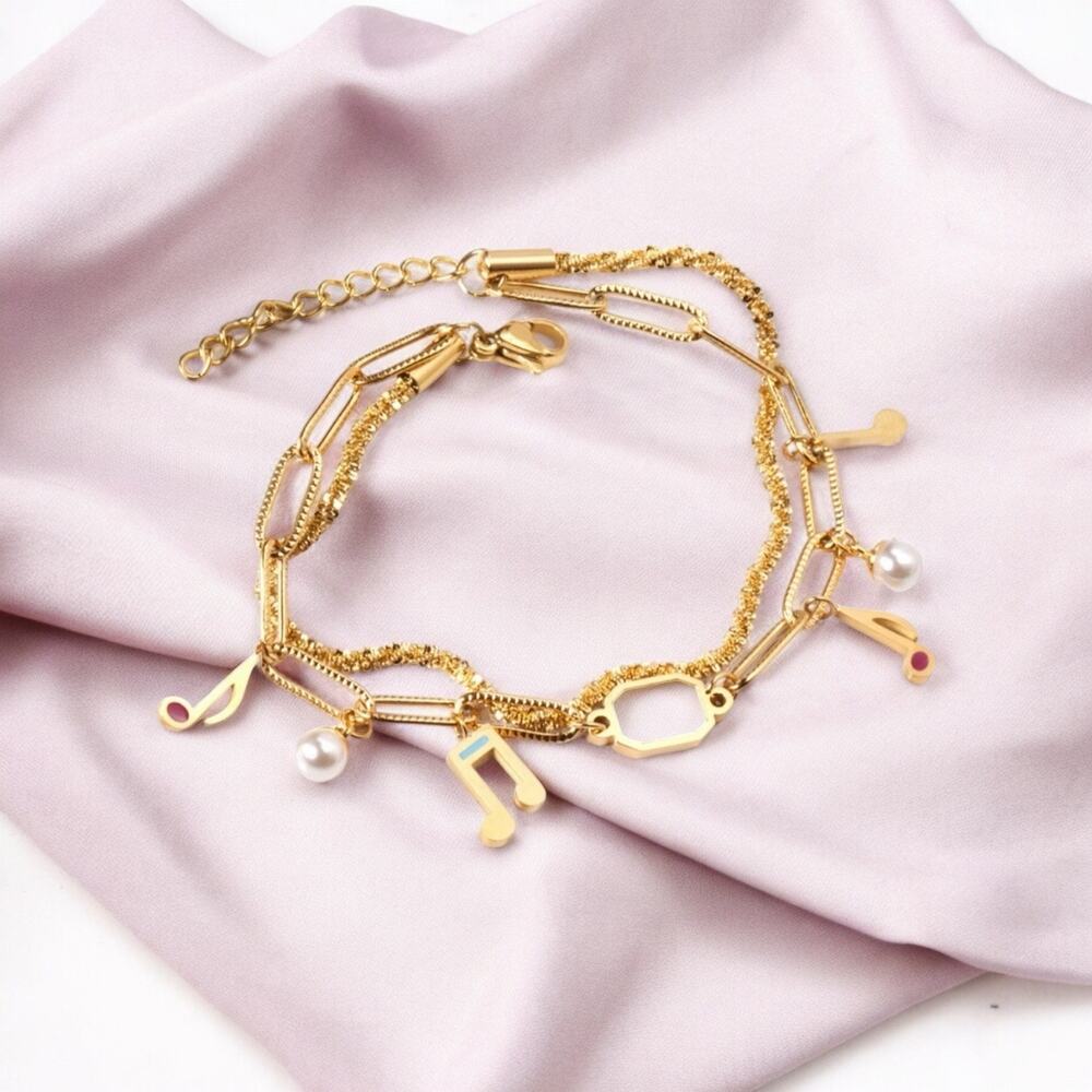 NEW 18K yellow gold plated double chain music note bracelet jewelry B28A